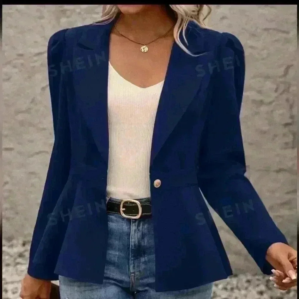 Blue Puff Sleeve Single Button Blazer